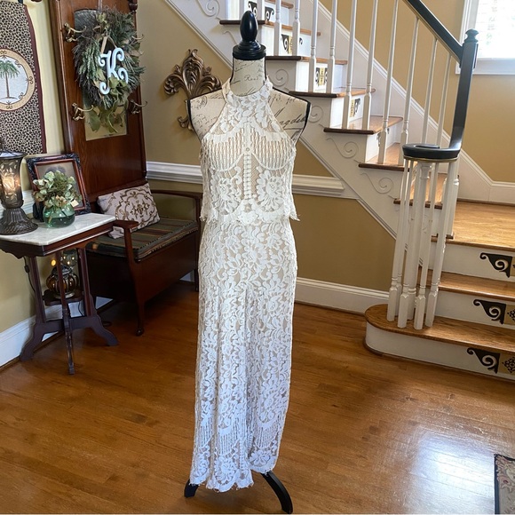 LuLu’s lace off white nude lined halter jumpsuit - Picture 4 of 11